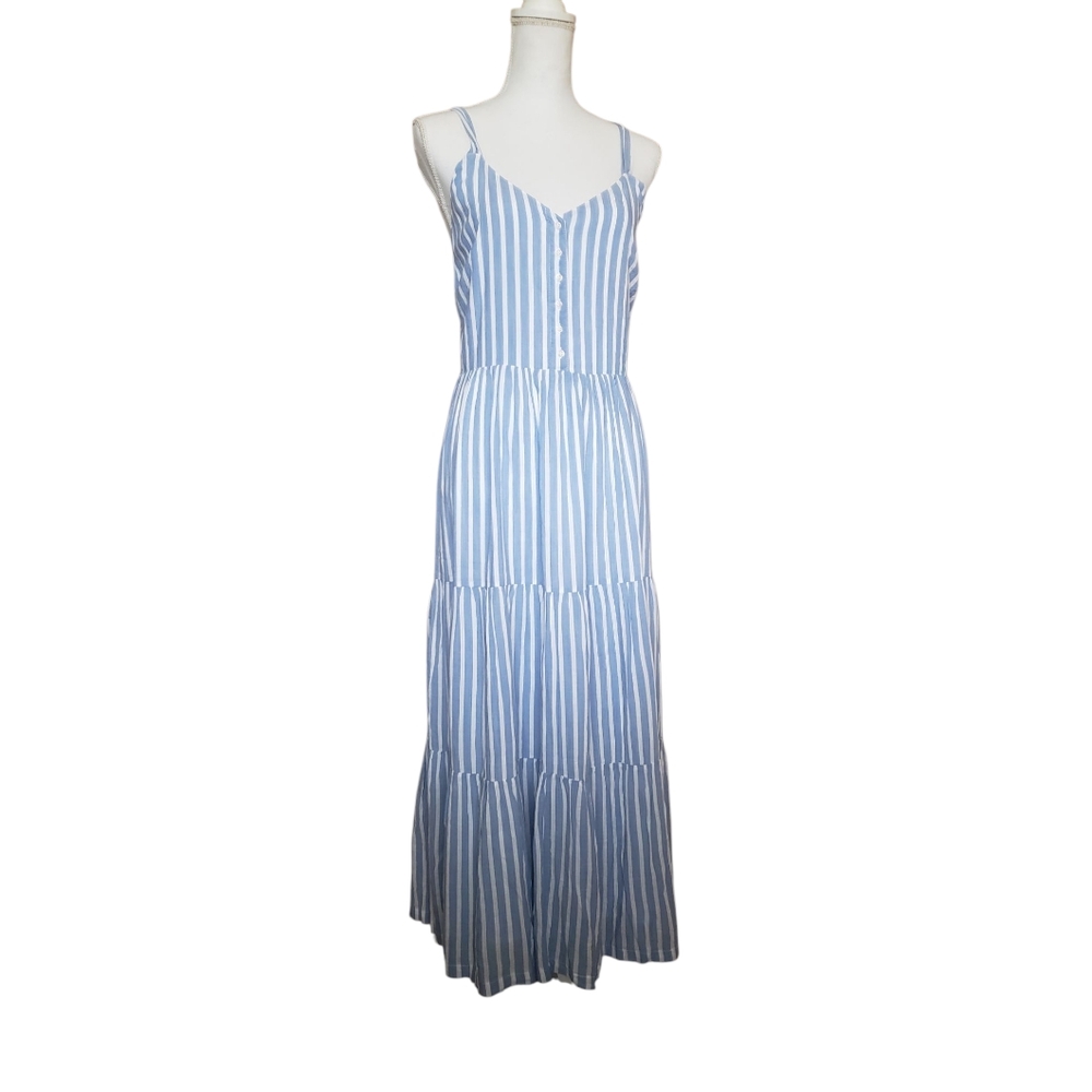 Old Navy L Blue White Vertical Striped Tiered Maxi Henley Dress Beach Cottage